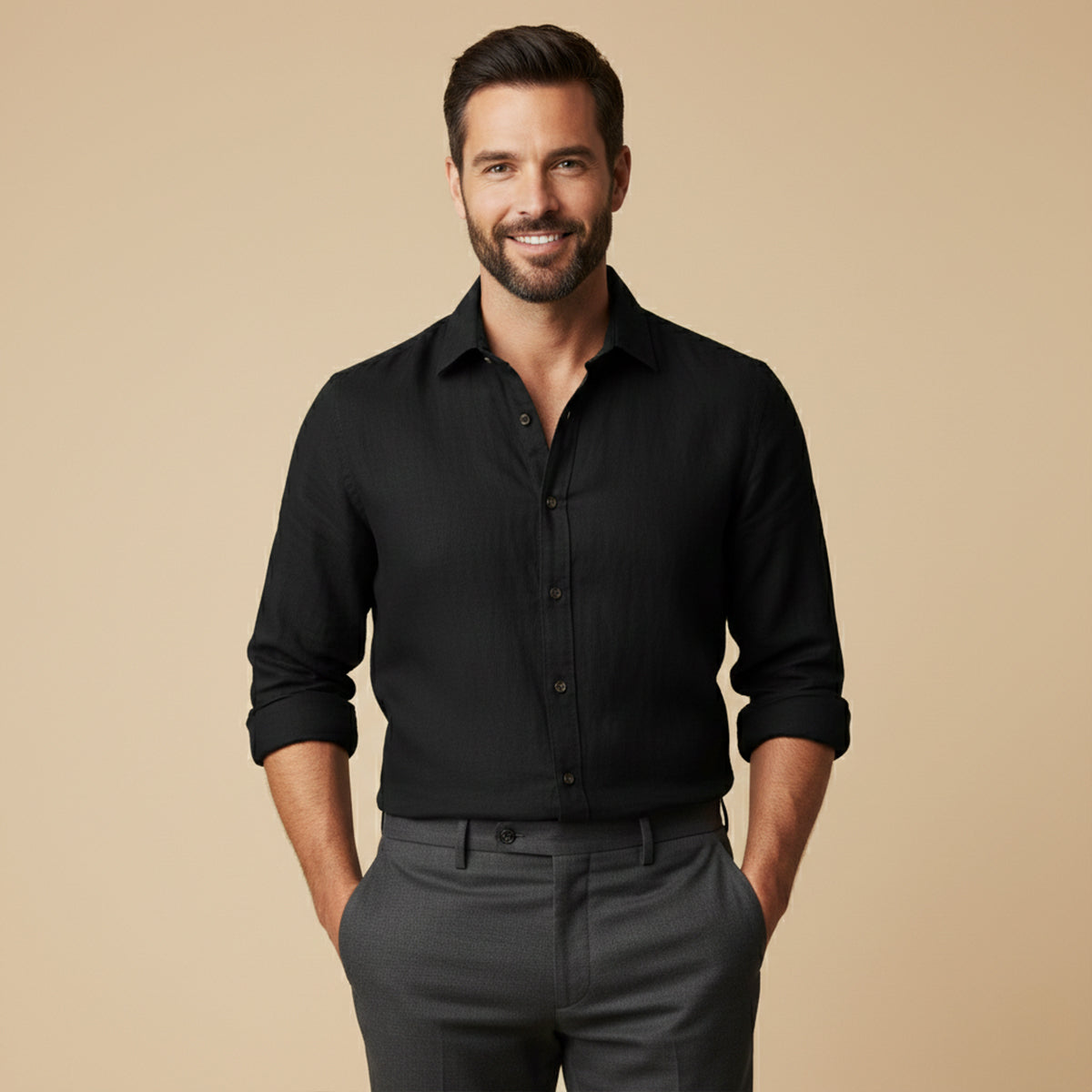 Sage | Men's Linen Shirt Cream Long Sleeve Button Up