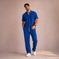 Dama Washington Beau men's linen pajama set blue striped short sleeve - front view