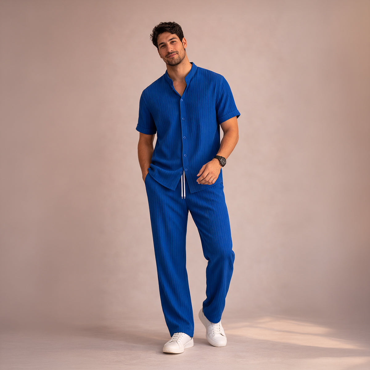 Beau | Men's Linen Pajama Set Blue Striped Short Sleeve