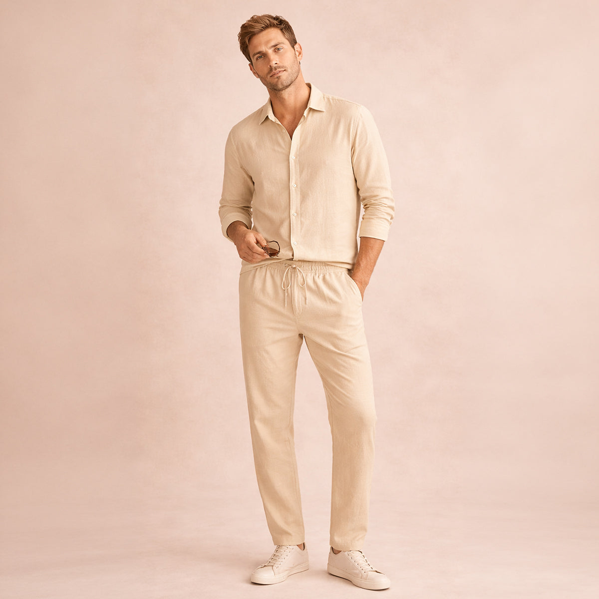 Kai | Men's Linen Lounge Set White Long Sleeve Shirt Pants
