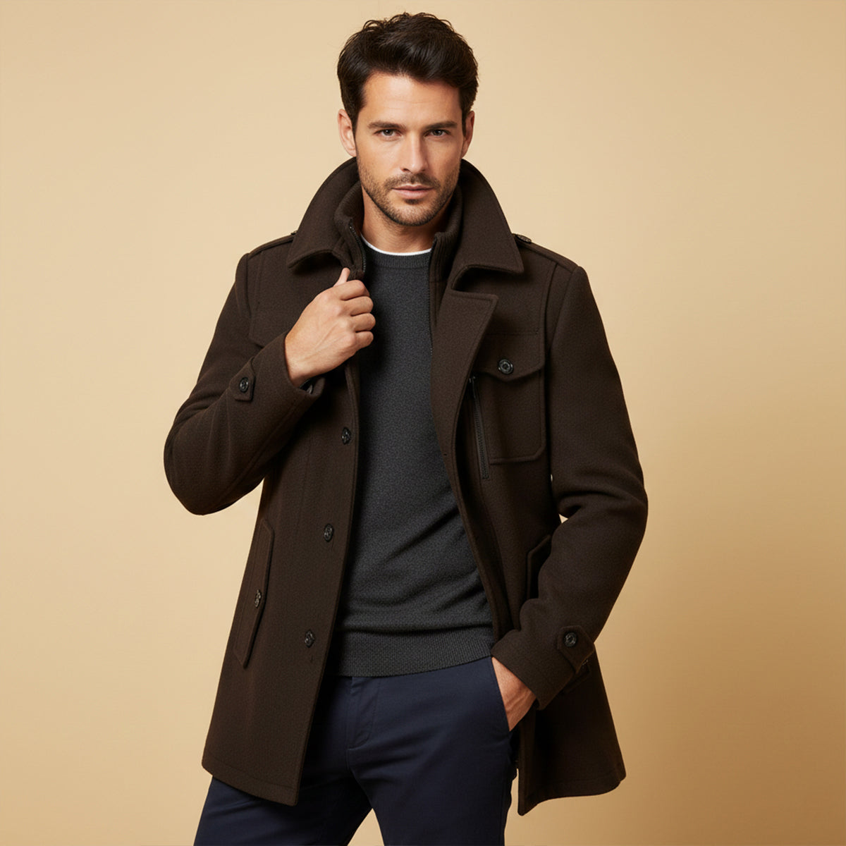 Voss | Men's Wool Blend Overcoat Black With Removable Collar