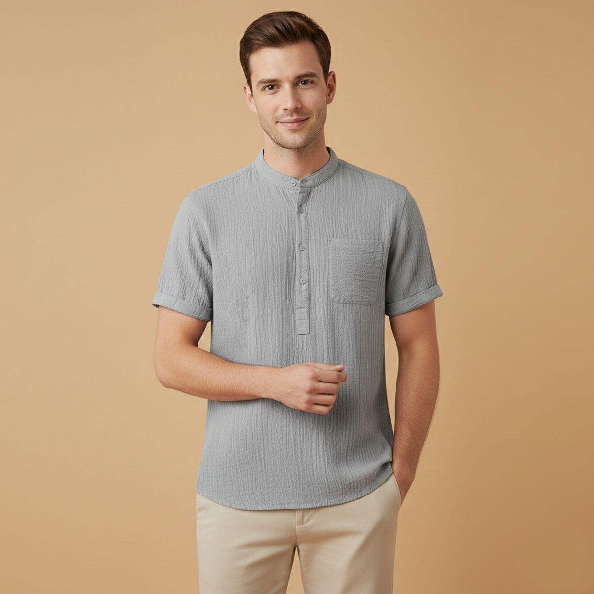 Axel | Men's Henley Shirt Cream Short Sleeve Chest Pocket