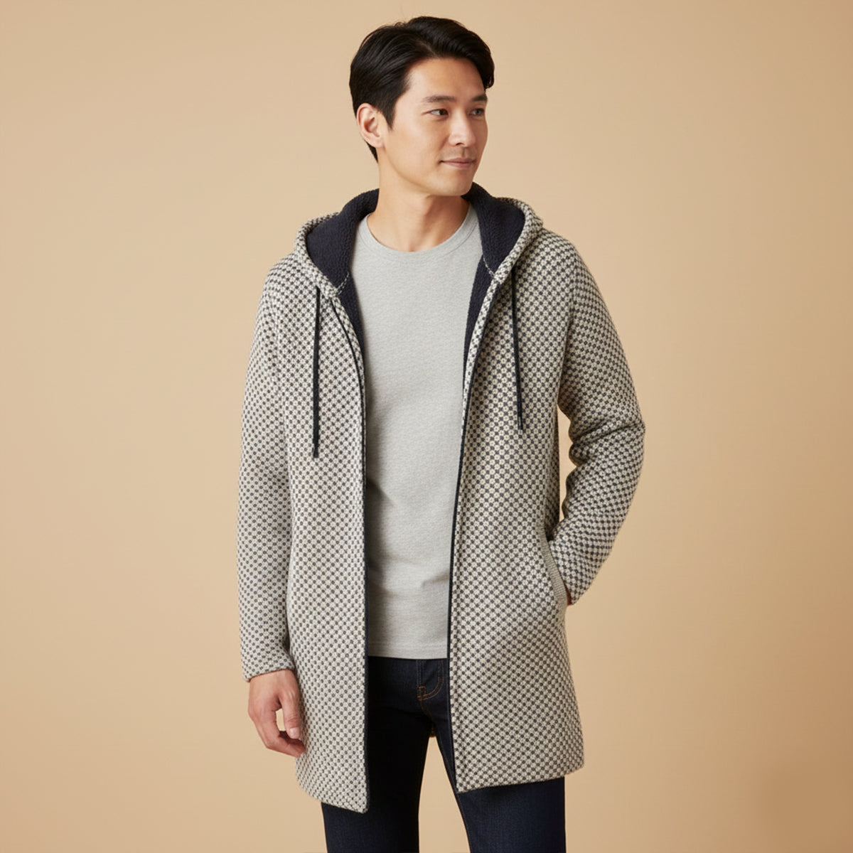 Ezra | Men's Houndstooth Zip Up Hooded Cardigan Cream Black