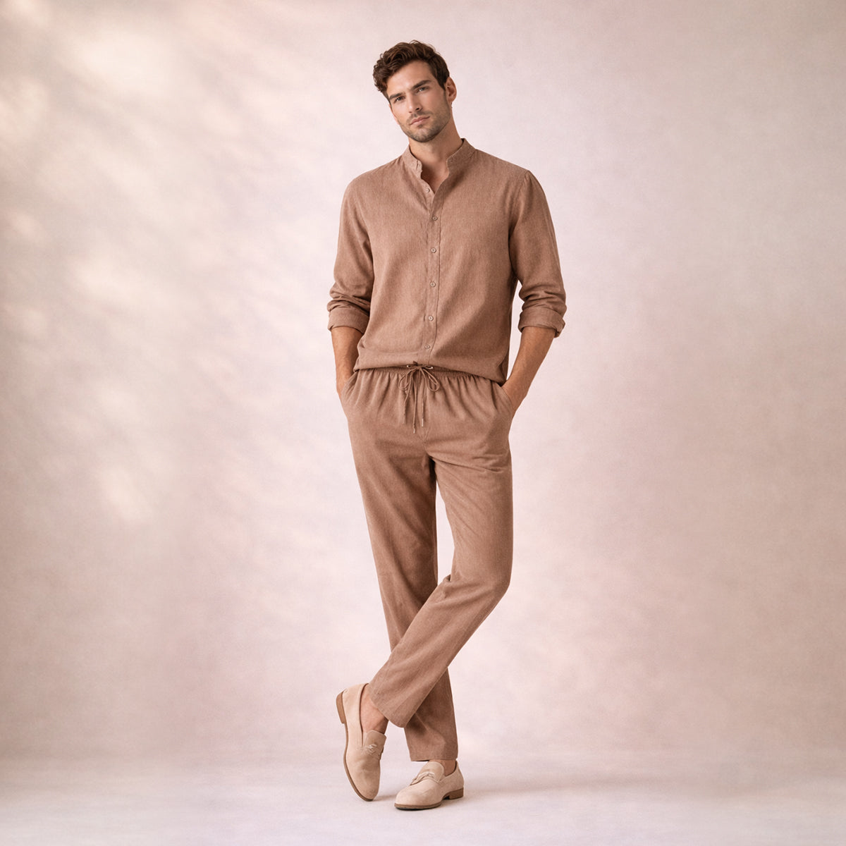Jasper | Men's Linen Set Navy Long Sleeve Shirt Drawstring Pants