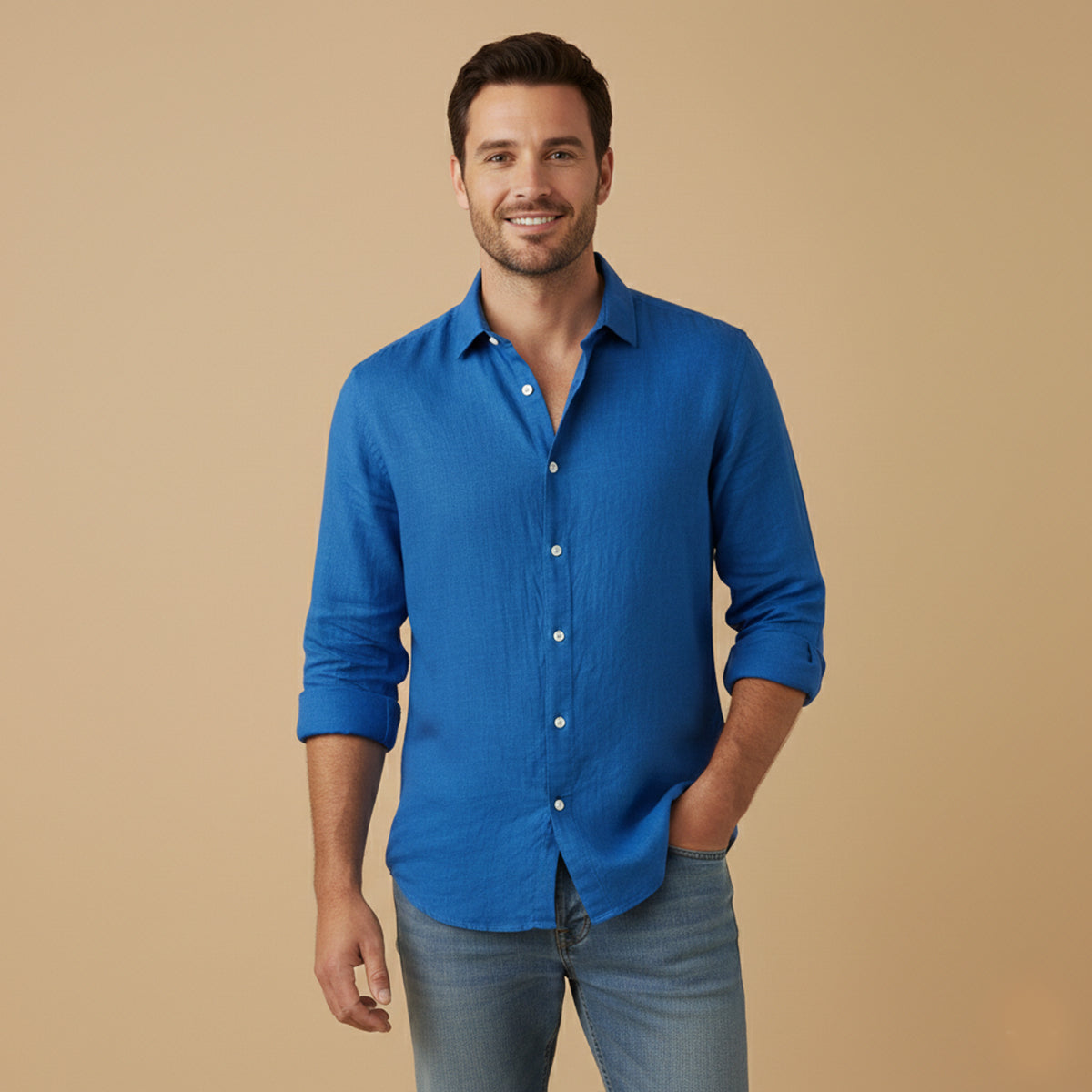 Beau | Men's Casual Linen Shirt Blue Long Sleeve Button Up