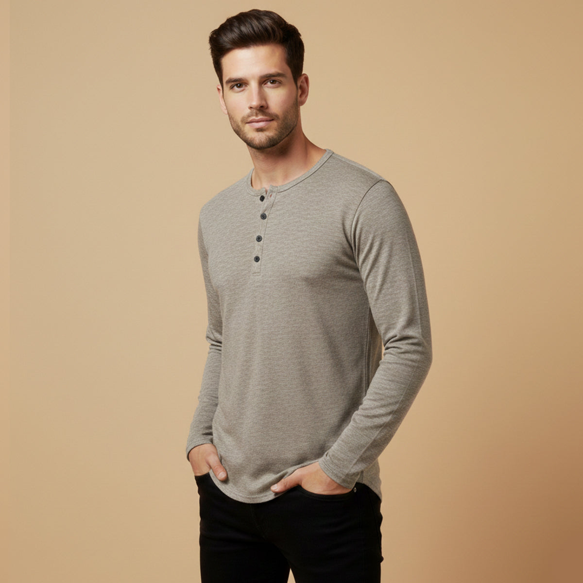 Axel | Men's Henley Shirt Black Long Sleeve Button Neck