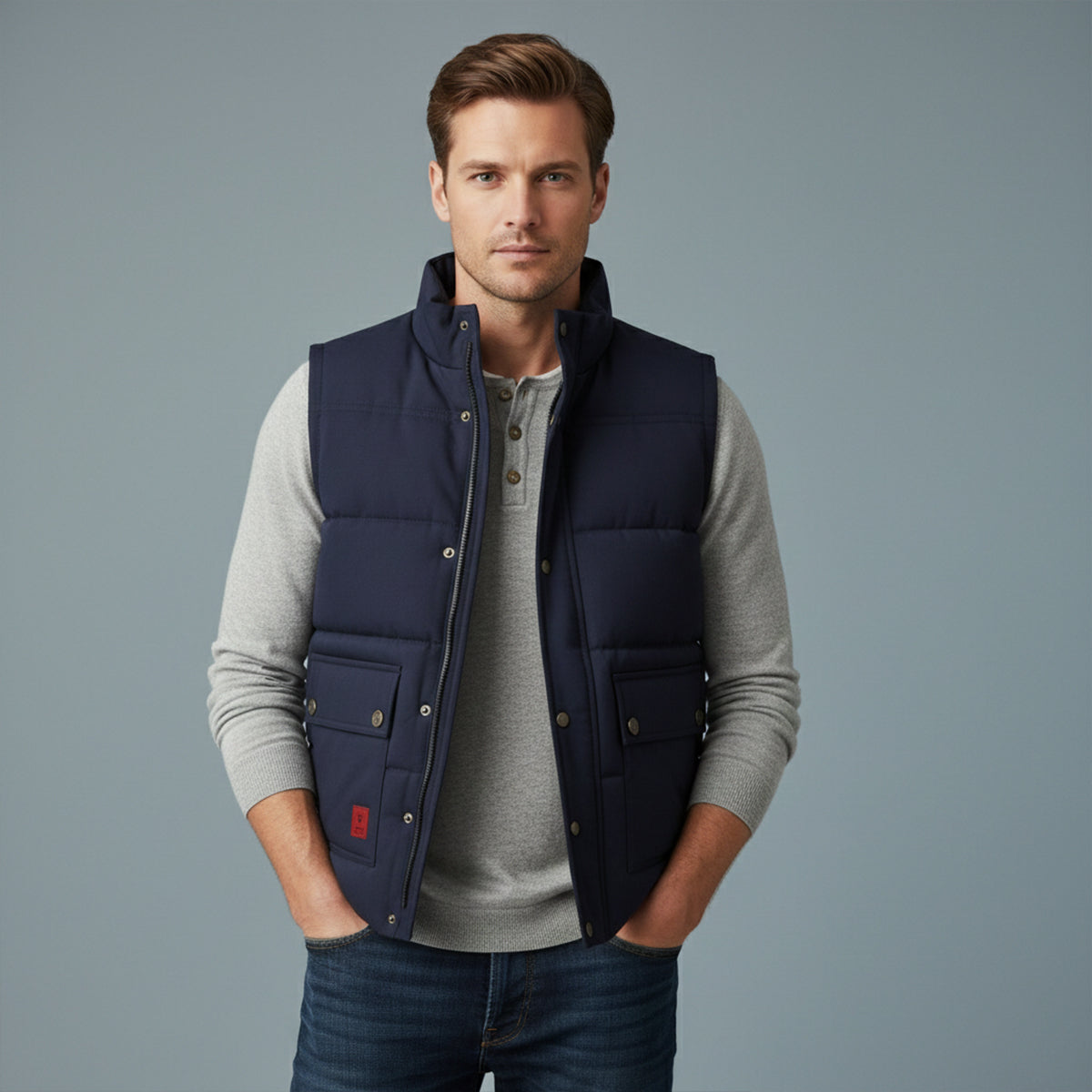 Rowan | Men's Puffer Vest Navy Down Filled Quilted Utility Pockets