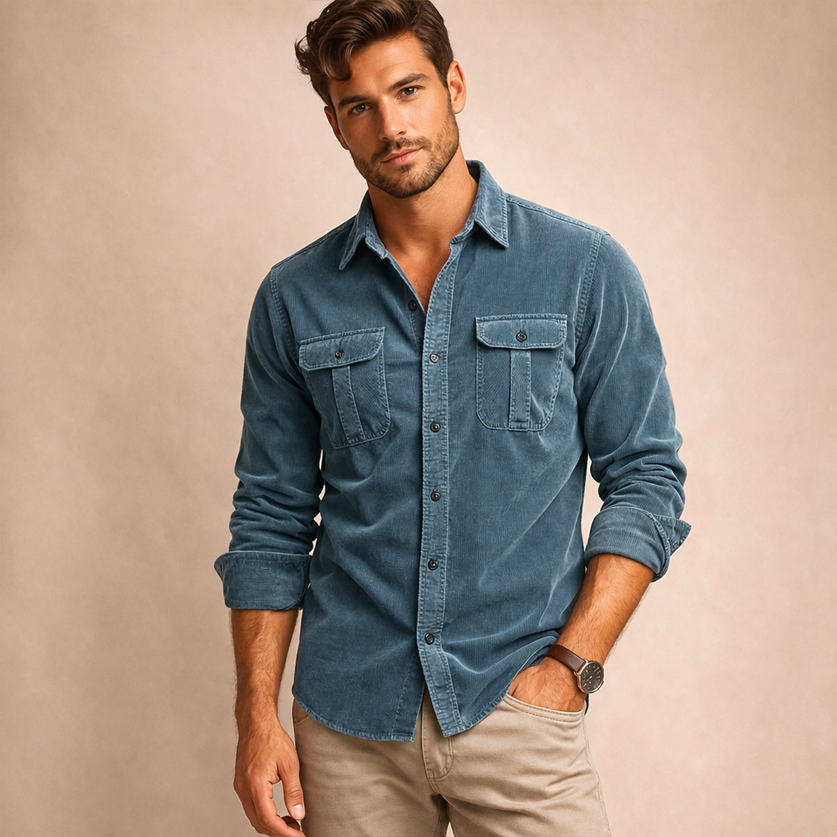 Axel | Men's Casual Corduroy Shirt Brown Long Sleeve