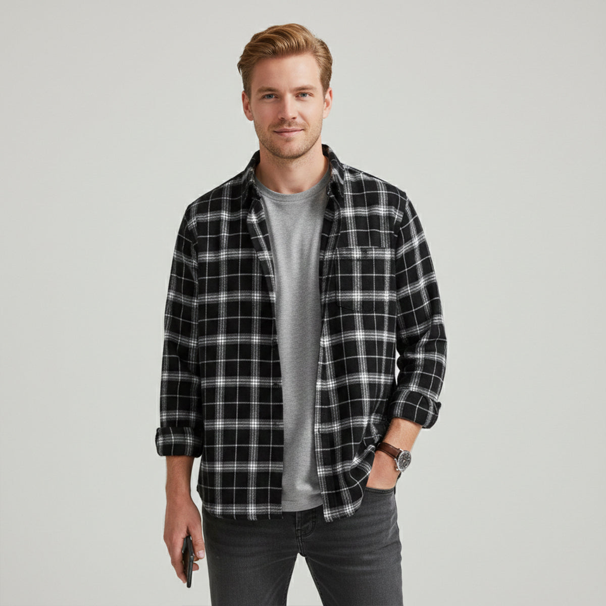 Ezra | Men's Oversized Flannel Shirt Black White Plaid