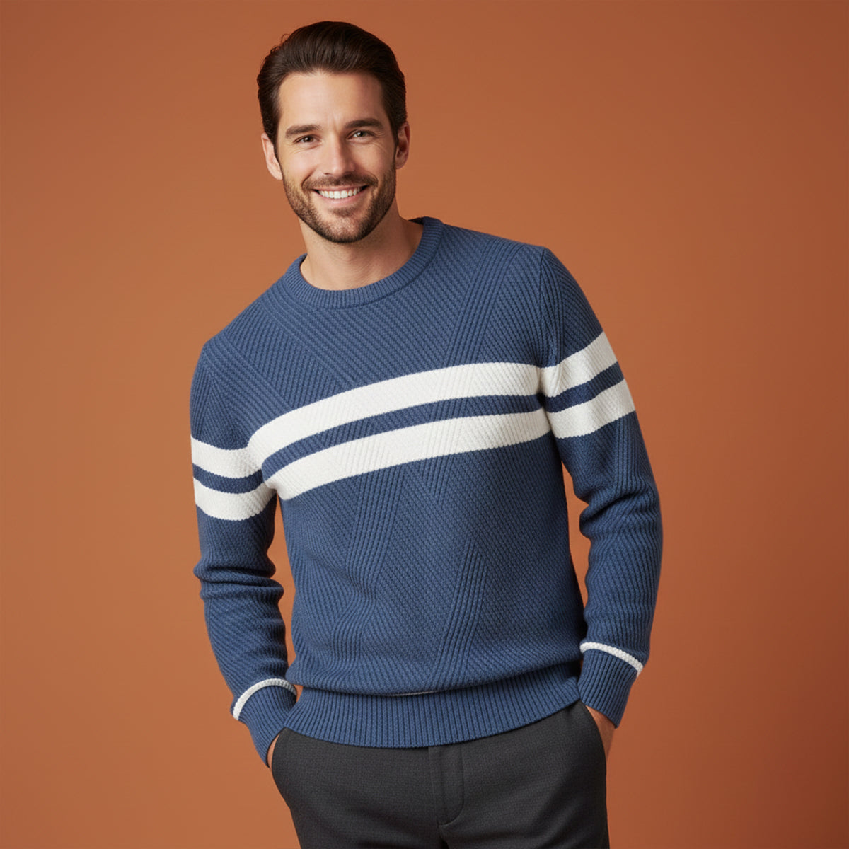 Axel | Men's Crew Neck Sweater Taupe Cream Striped