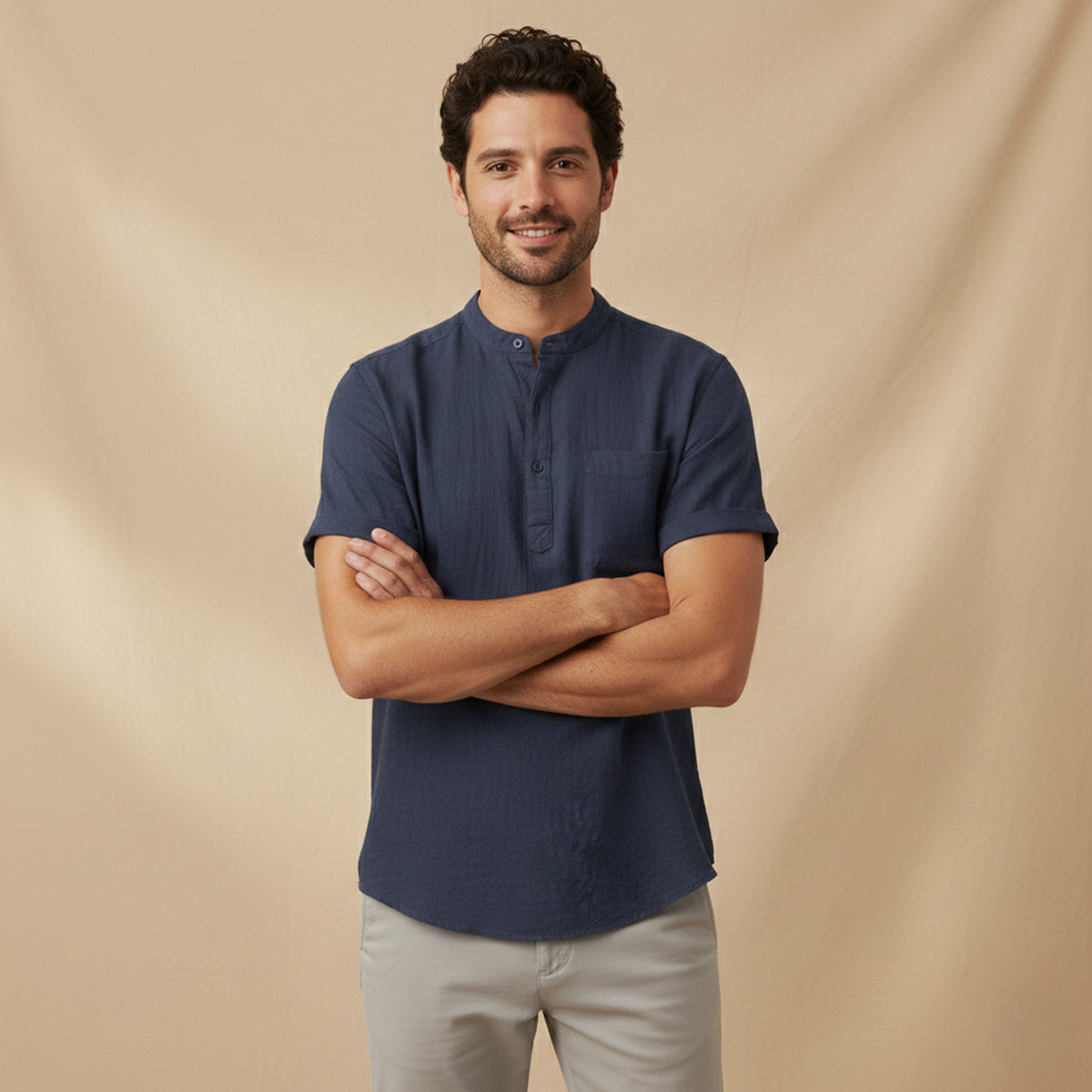 Luca | Men's Henley Shirt Navy Short Sleeve Casual Cotton Linen