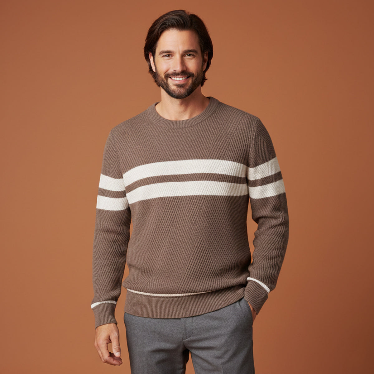 Axel | Men's Crew Neck Sweater Taupe Cream Striped