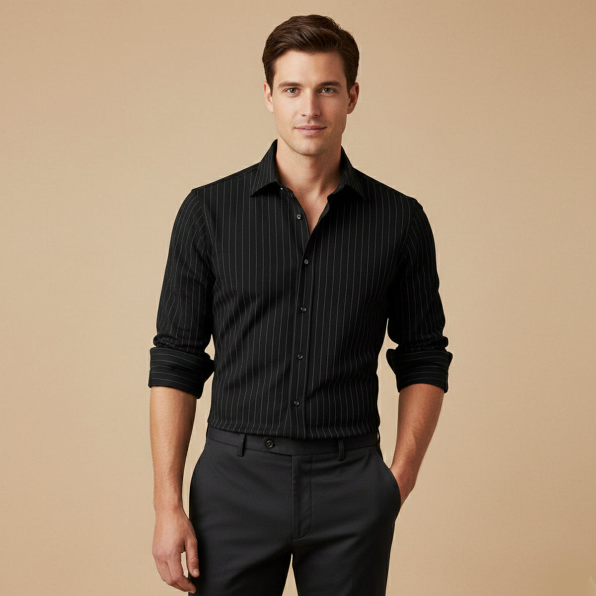 Rory | Men's Pinstripe Button Down Shirt Black Long Sleeve