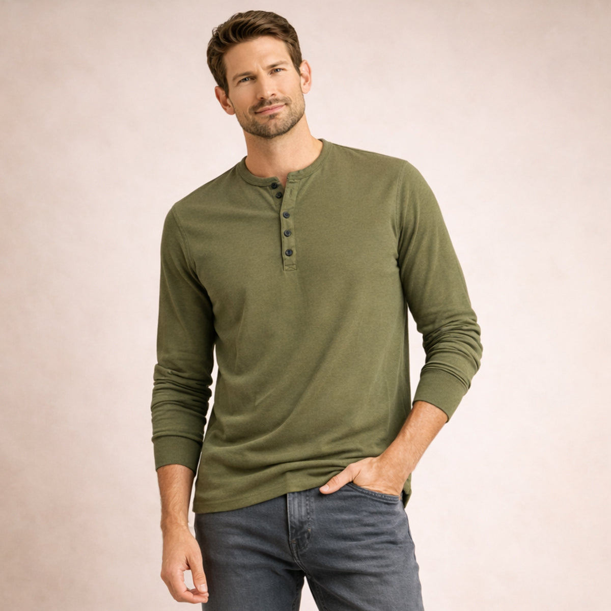 Bram | Men's Henley Shirt Sage Green Long Sleeve