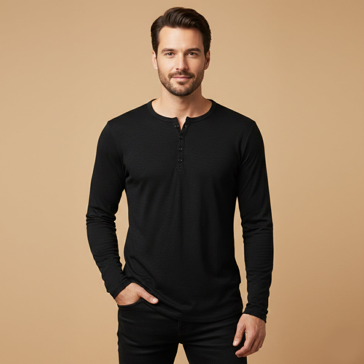 Axel | Men's Henley Shirt Black Long Sleeve Button Neck