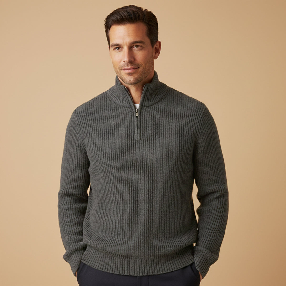 Callum | Men's Quarter Zip Sweater Blue Ribbed Knit