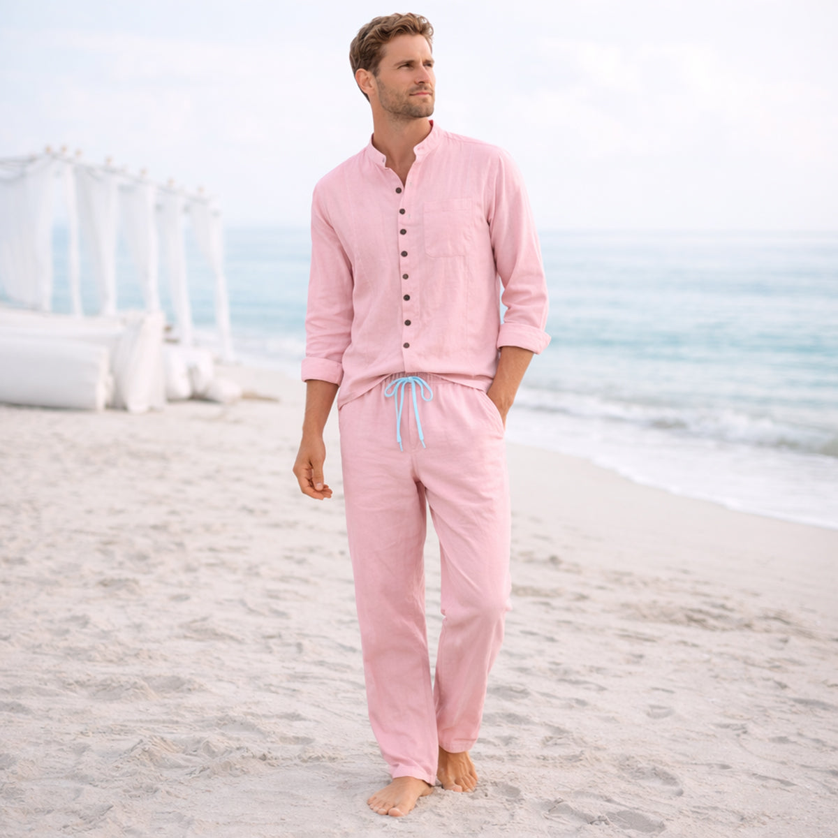 Dama Washington Vail men's lounge set pink linen shirt pants - front view