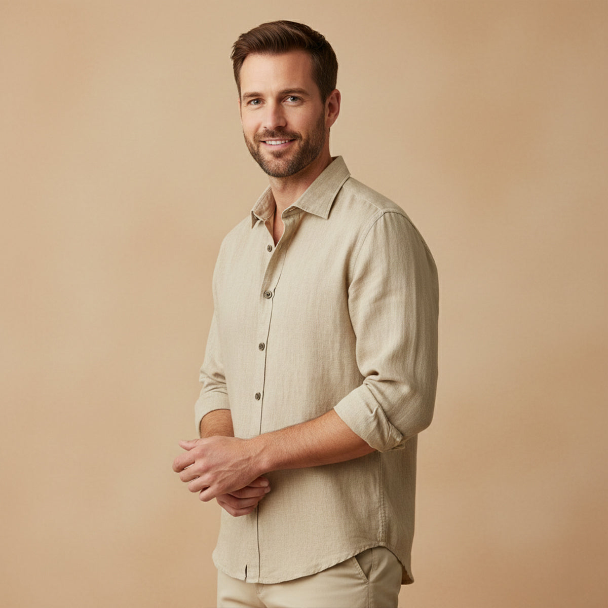 Sage | Men's Linen Shirt Cream Long Sleeve Button Up