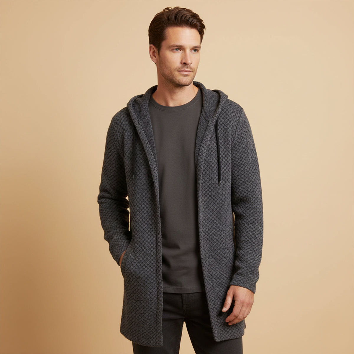 Ezra | Men's Houndstooth Zip Up Hooded Cardigan Cream Black