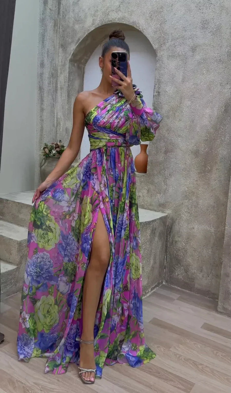 Esme | Women's Floral Maxi Dress One Shoulder Puff Sleeve
