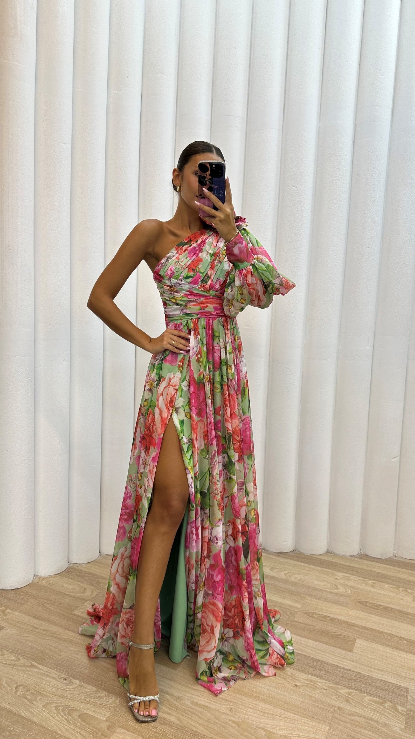 Esme | Women's Floral Maxi Dress One Shoulder Puff Sleeve