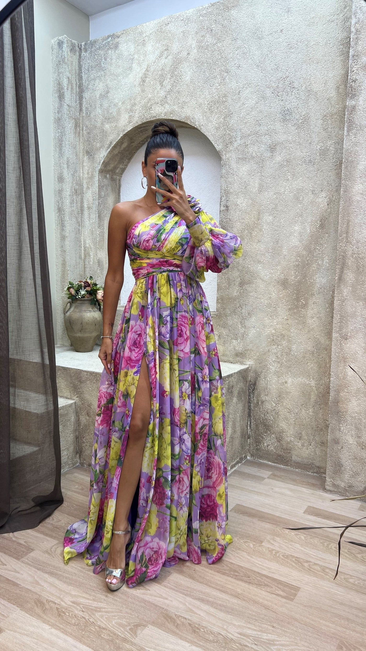 Esme | Women's Floral Maxi Dress One Shoulder Puff Sleeve