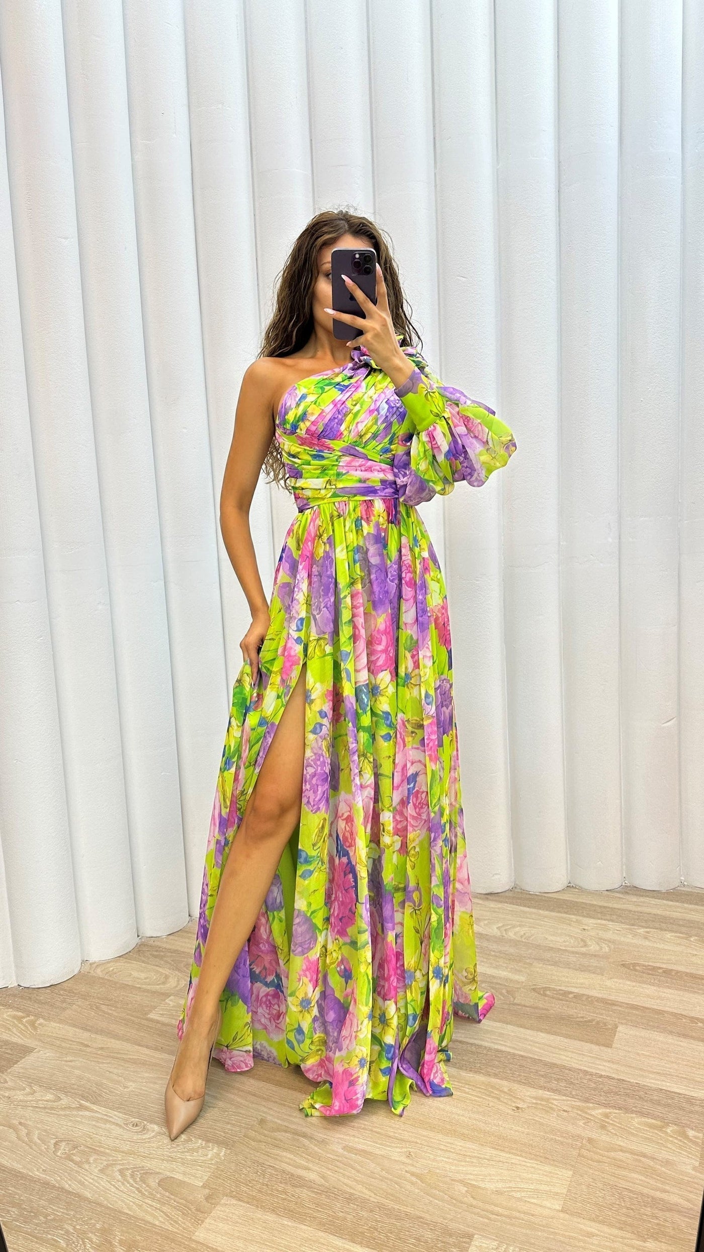 Esme | Women's Floral Maxi Dress One Shoulder Puff Sleeve