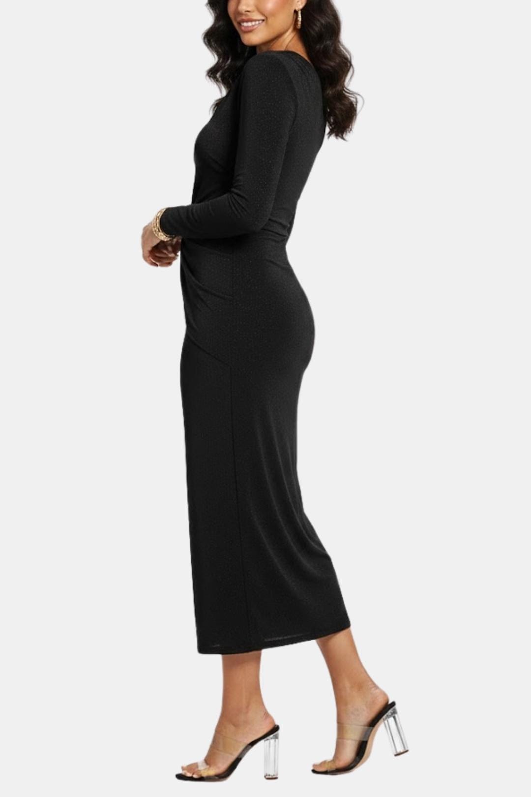 Vera | Women's One Shoulder Midi Dress Brown Ruched Long Sleeve