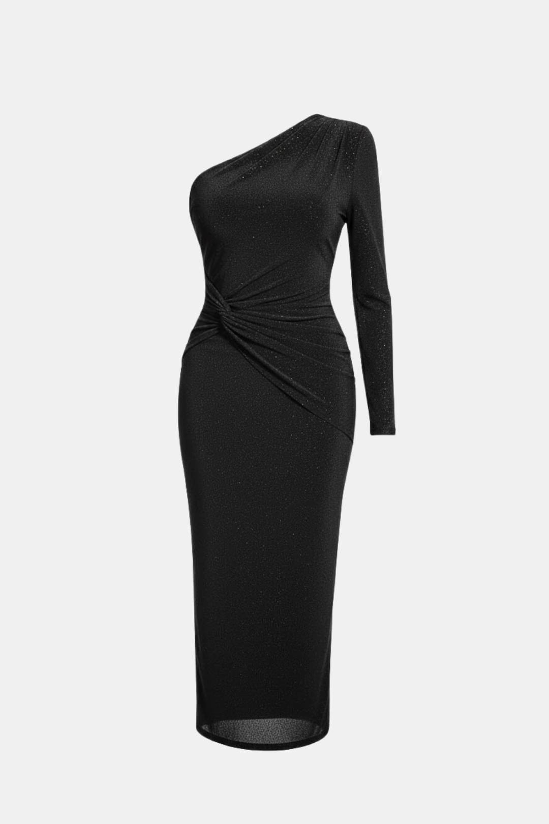 Vera | Women's One Shoulder Midi Dress Brown Ruched Long Sleeve