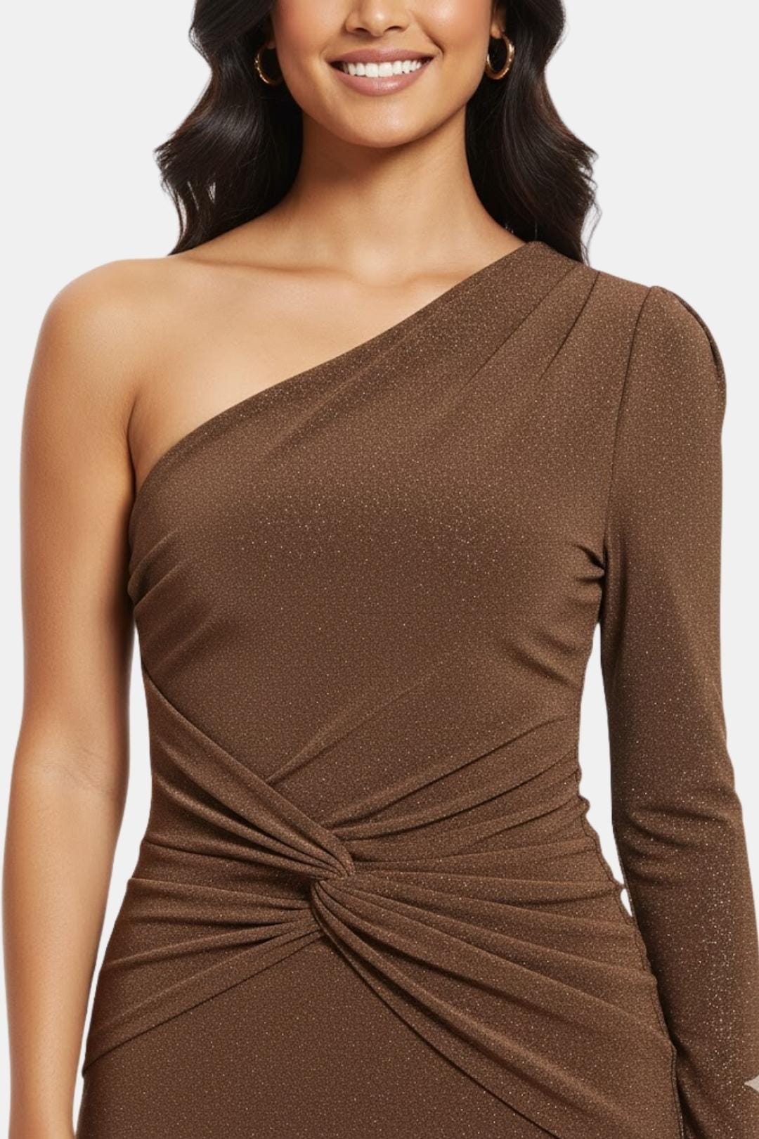 Vera | Women's One Shoulder Midi Dress Brown Ruched Long Sleeve