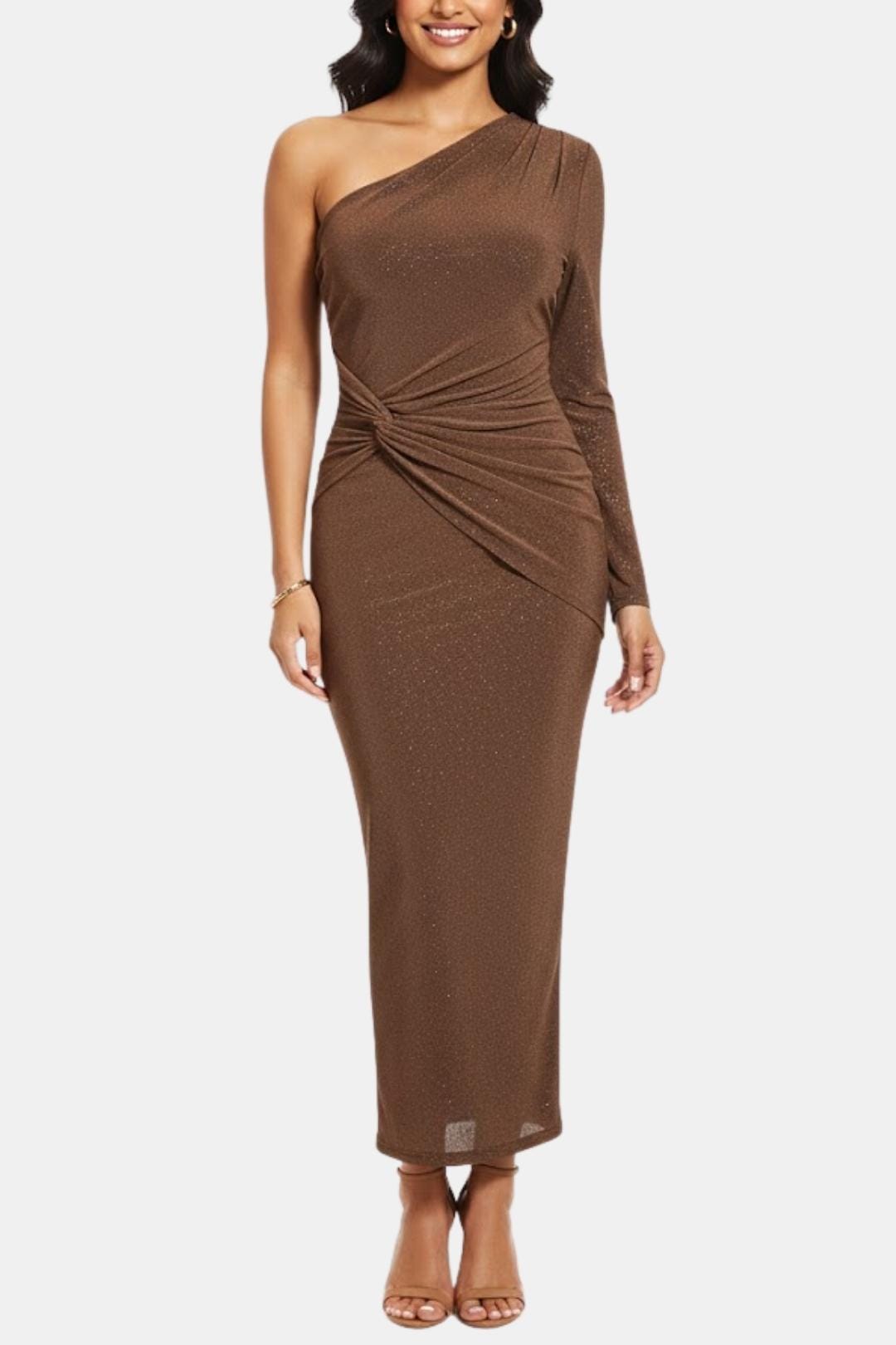 Vera | Women's One Shoulder Midi Dress Brown Ruched Long Sleeve