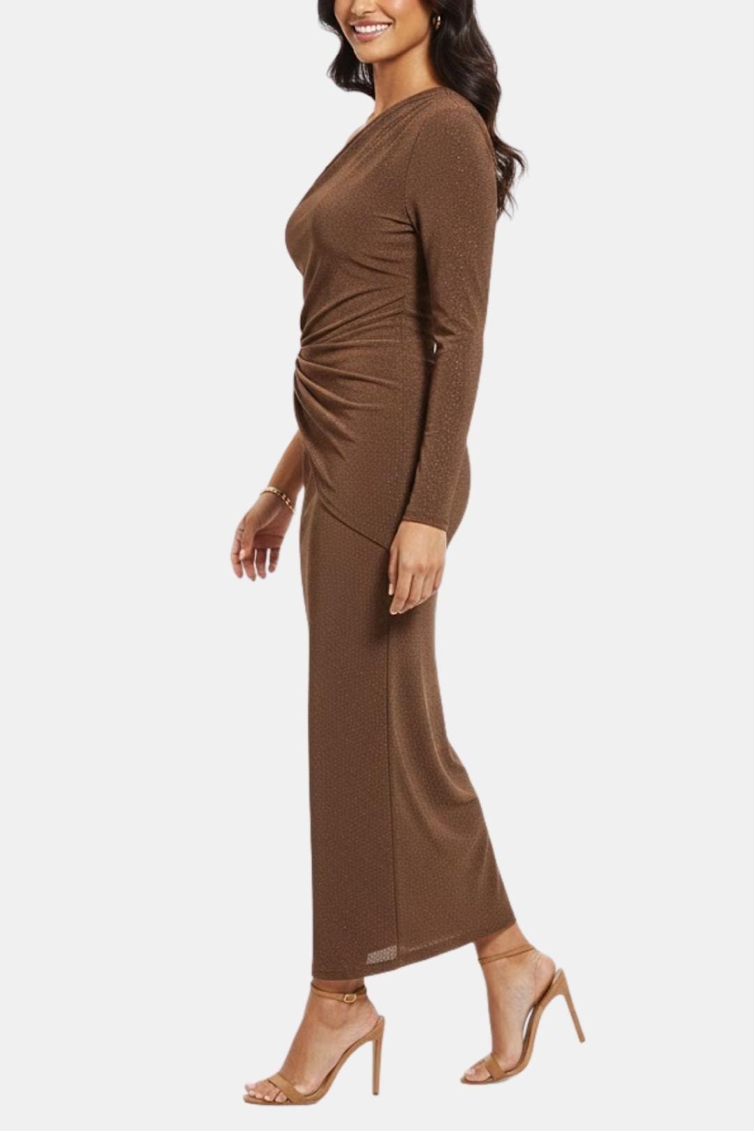 Vera | Women's One Shoulder Midi Dress Brown Ruched Long Sleeve