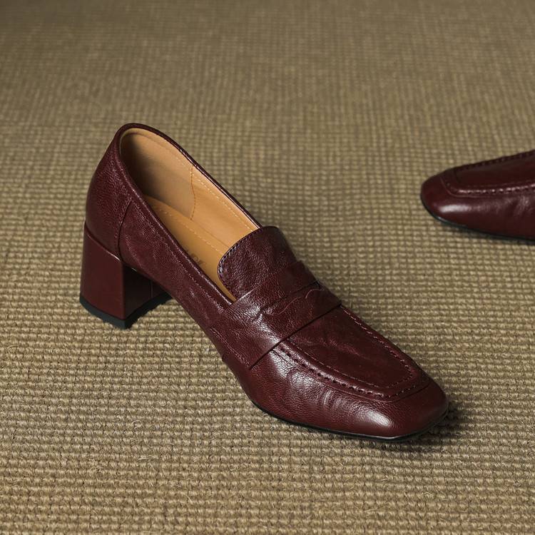 Camille | Women's Block Heel Loafers Burgundy Slip On