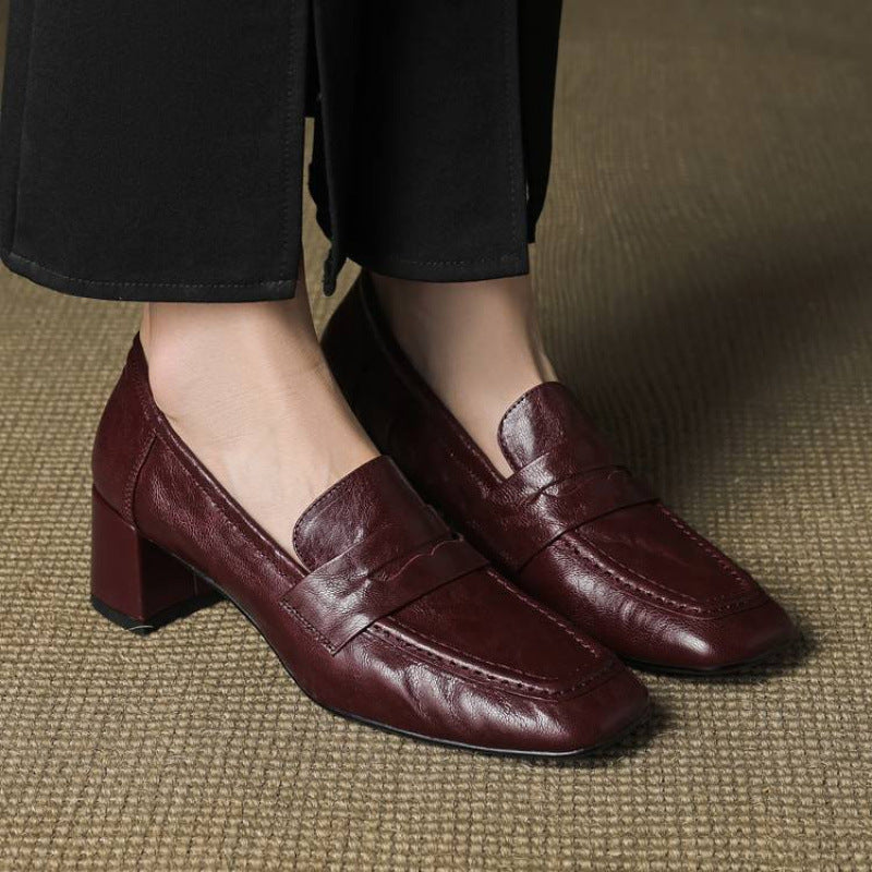 Camille | Women's Block Heel Loafers Burgundy Slip On