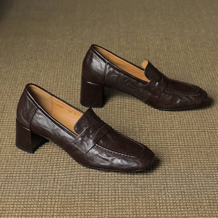 Camille | Women's Block Heel Loafers Burgundy Slip On