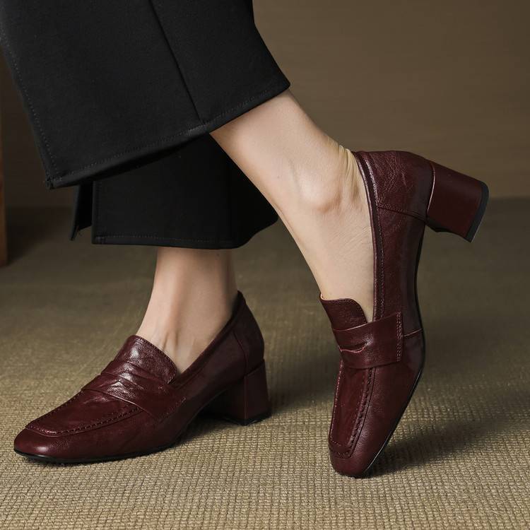 Camille | Women's Block Heel Loafers Burgundy Slip On