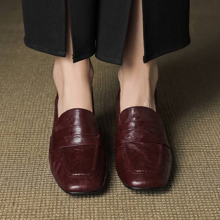 Camille | Women's Block Heel Loafers Burgundy Slip On
