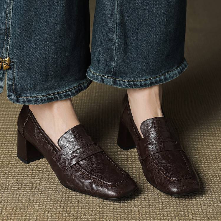 Camille | Women's Block Heel Loafers Burgundy Slip On
