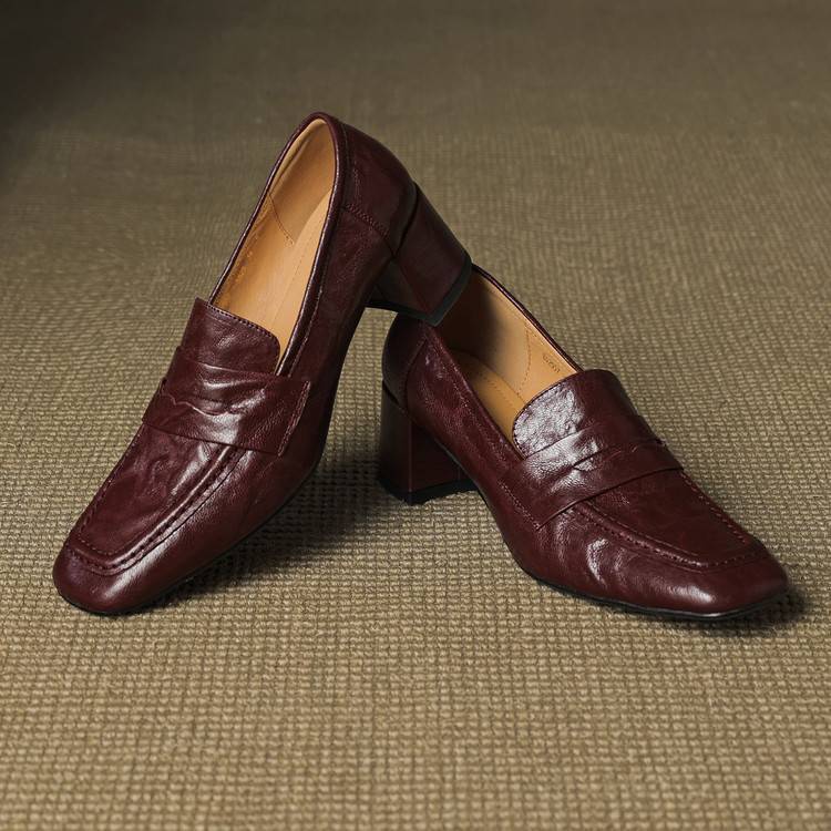 Camille | Women's Block Heel Loafers Burgundy Slip On