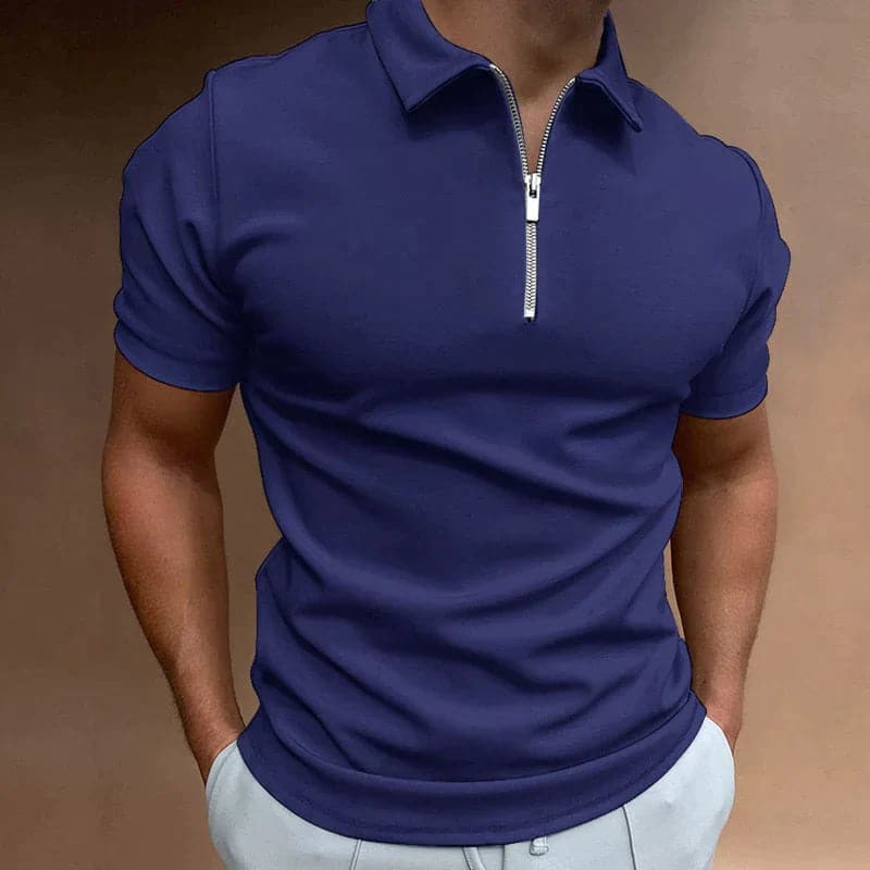 Axel | Men's Zip Polo Shirt White Cotton Short Sleeve