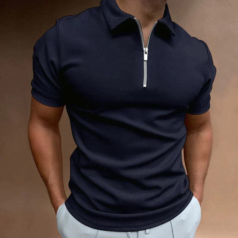Axel | Men's Zip Polo Shirt White Cotton Short Sleeve
