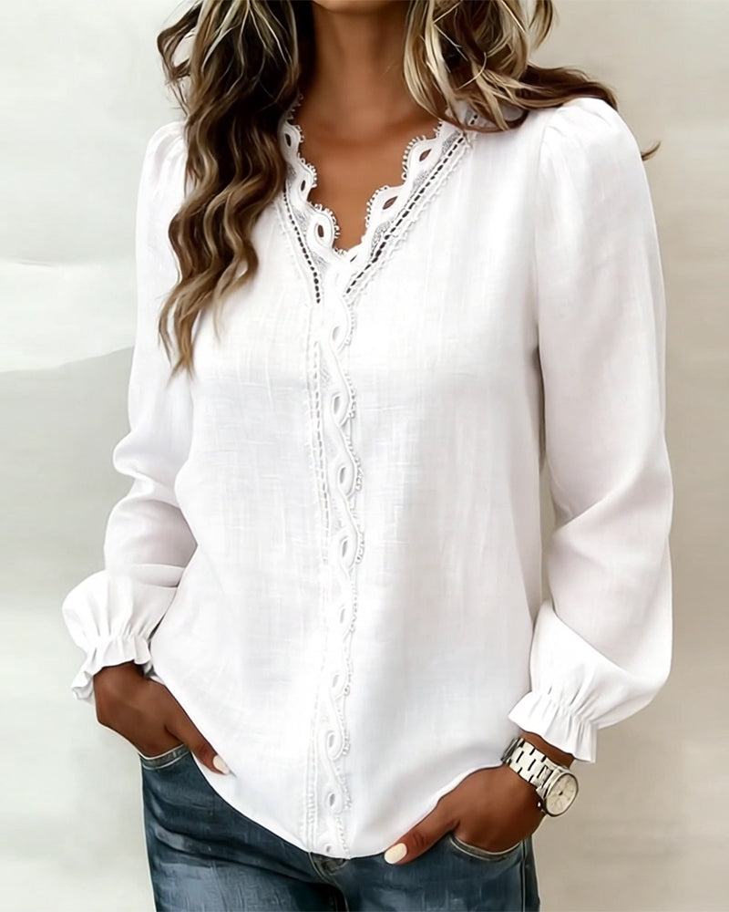 Elise | Women's Puff Sleeve Lace Blouse White V Neck