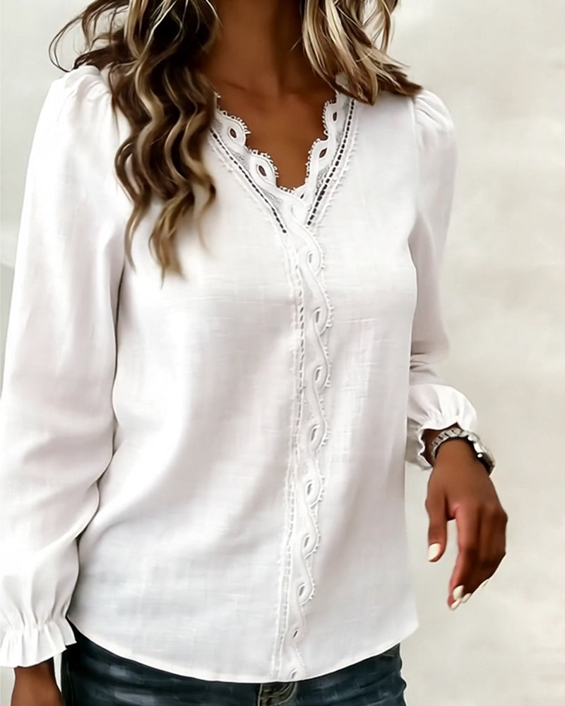 Elise | Women's Puff Sleeve Lace Blouse White V Neck
