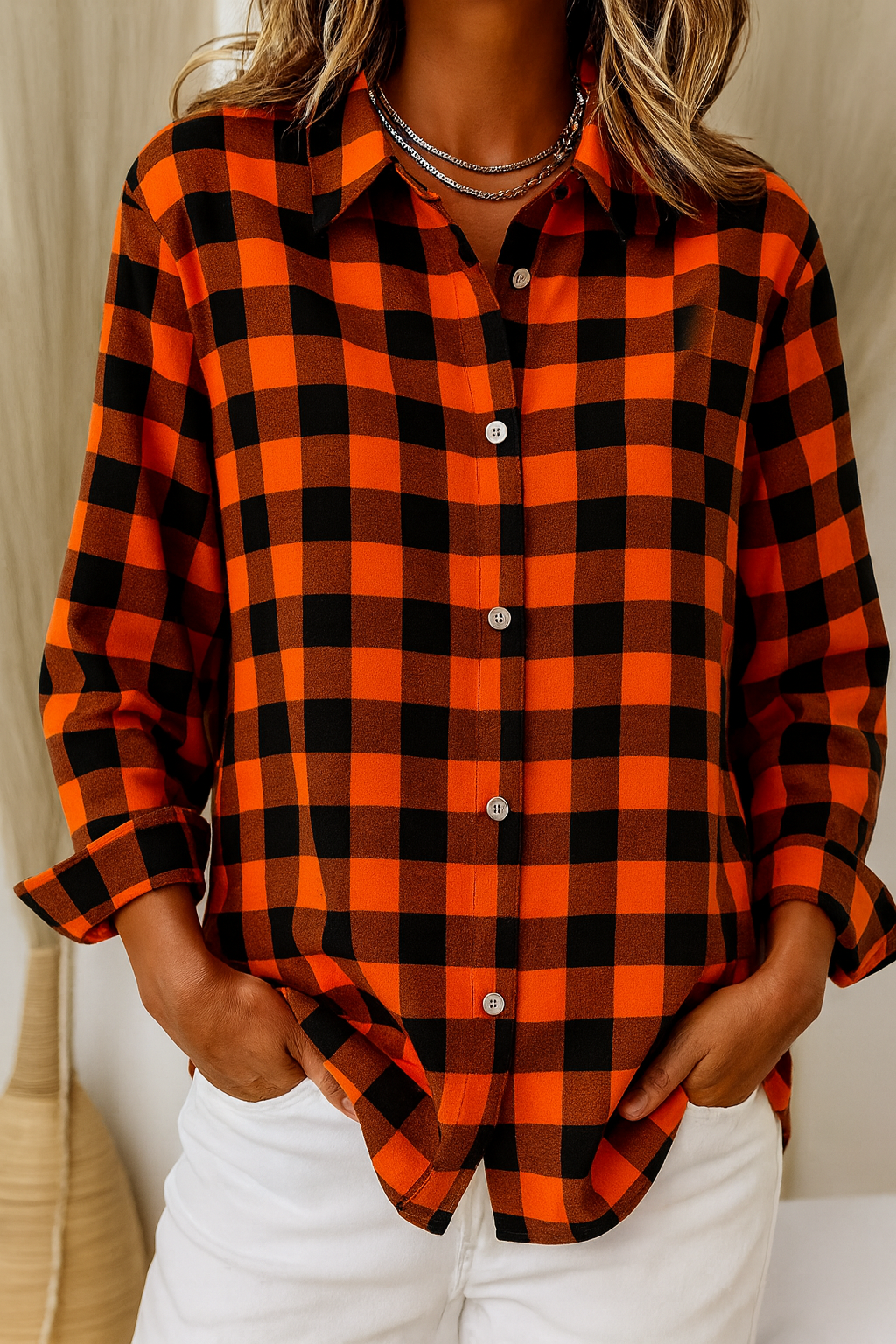 Maeve | Women's Plaid Button Down Shirt Blue Orange