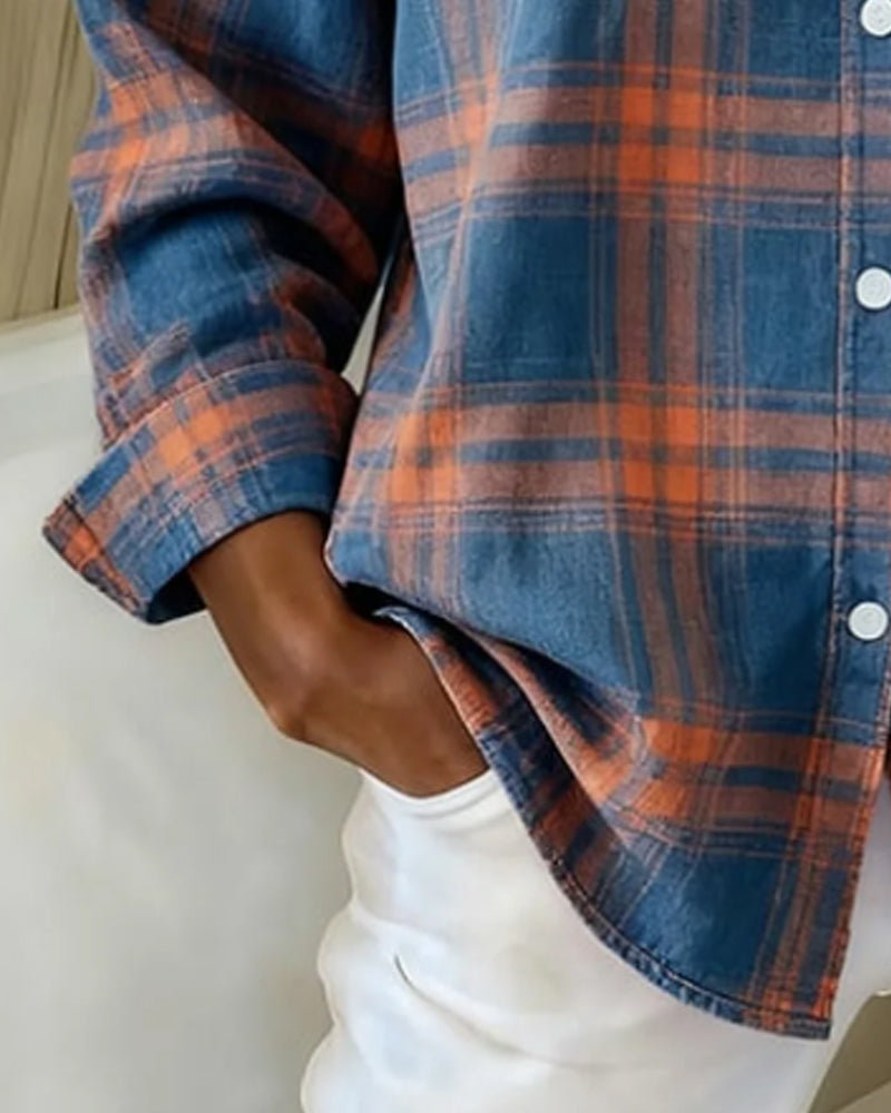 Maeve | Women's Plaid Button Down Shirt Blue Orange