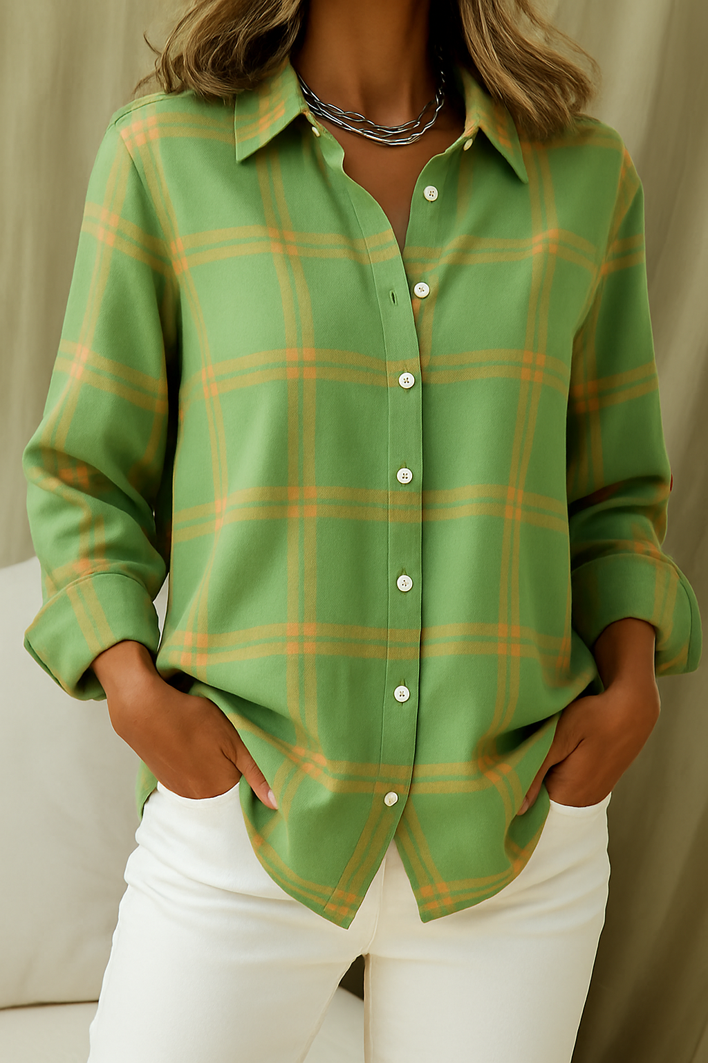 Maeve | Women's Plaid Button Down Shirt Blue Orange