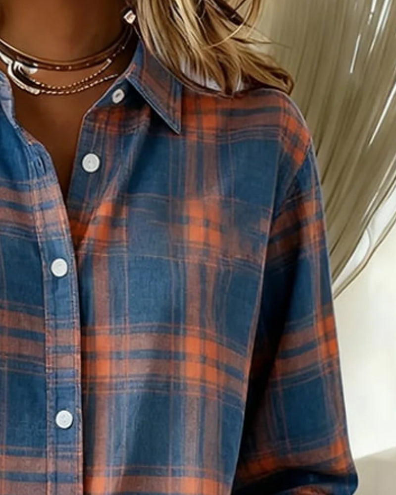 Maeve | Women's Plaid Button Down Shirt Blue Orange