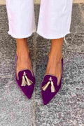Dama Washington Maeve women's velvet loafer burgundy tassel flat - front view
