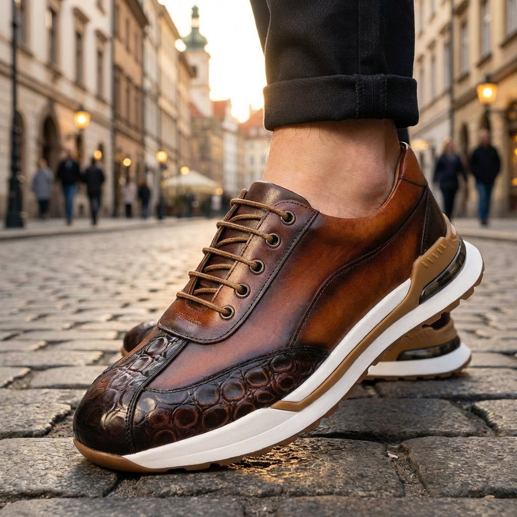 Axel | Men's Leather Sneakers Brown White Lace Up Casual