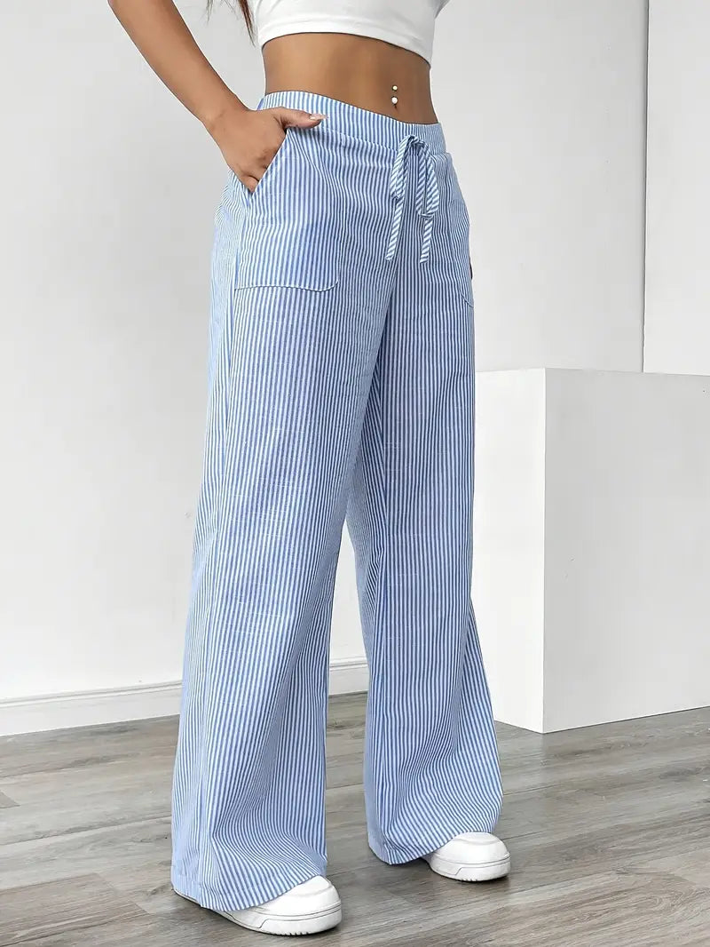 Demi | Women's Wide Leg Striped Pants Cream High Waisted